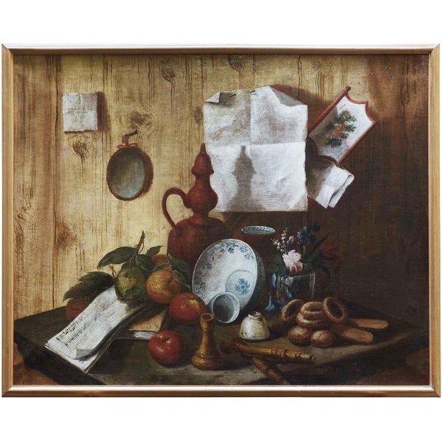 A pair of companion still lifes from the mid-1700s. still life with bucchero pottery, recorder, fruit, flowers, porcelain,...