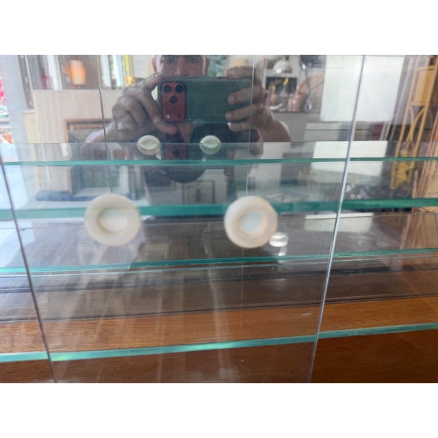 1950’s Mid-Century Modern Solid Wood Desk With Glass Top and Wall Mounted Display Shelf For Sale - Image 9 of 12