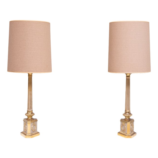 Antique Empire Brass Column Table Lamps, 1950s, Set of 2 For Sale