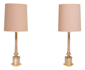 Antique Empire Brass Column Table Lamps, 1950s, Set of 2