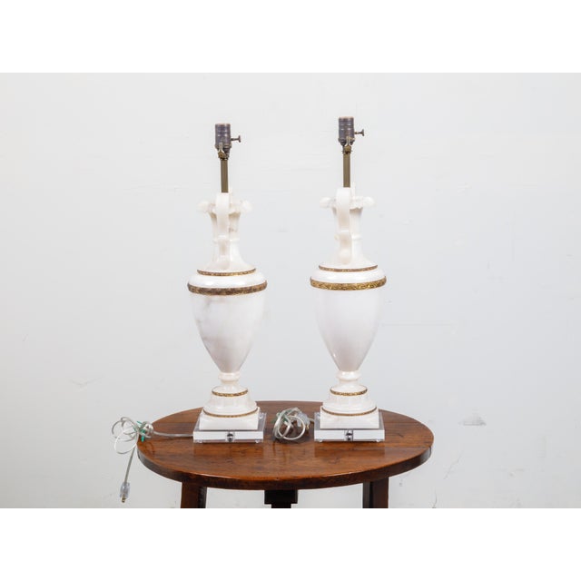 1920s French White Marble Vase Shaped Table Lamps Mounted on Lucite - a Pair For Sale - Image 10 of 10