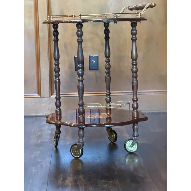 1980s 1980s Italian Inlaid Marquetry Burl Wood Bar Cart With Brass Gallery For Sale - Image 5 of 9