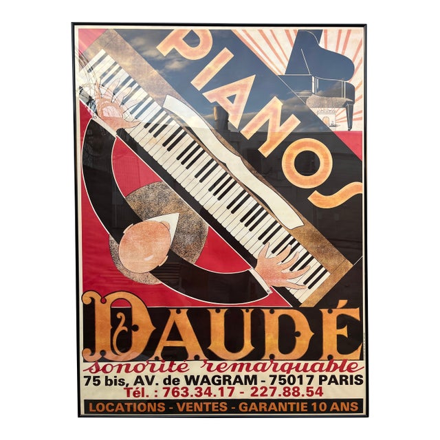 Vintage Art Deco Framed Lithograph Poster "Pianos Daude" by Andre Daude. Circa 1920s For Sale