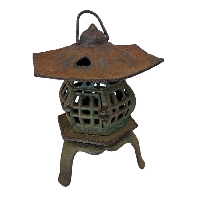 Vintage Japanese Cast Iron Pagoda Garden Lantern Verdigris Marked Japan For Sale