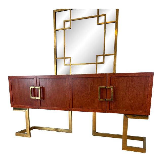 Long Red Stained Cabinet With Sculptural Bold Base For Sale