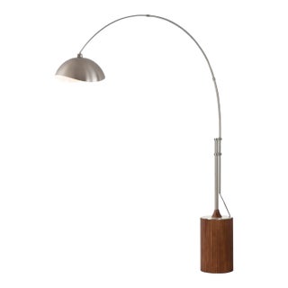 1980s Tambo 92"h 1-Light Arc Lamp, Satin Nickel/White-Luna Bella Leaf Shade, Dark Walnut Base, Satin Nickel, Dimmable, for Living Room or Bedroom For Sale
