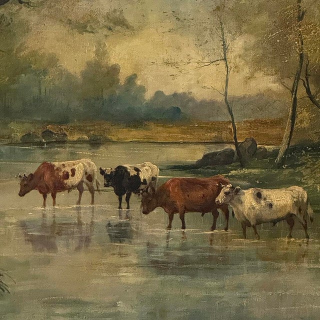 Framed Oil Painting on Canvas by J. Vanlint 'Landscape With Cows' For Sale - Image 14 of 17