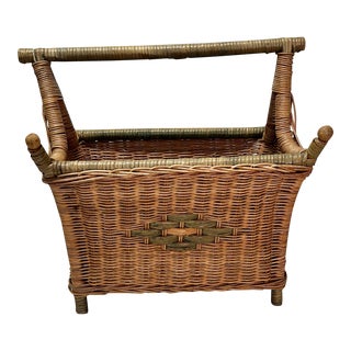 Chinoiserie Wicker Basket, Magazines, Kindling, Blankets For Sale