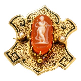 14K Yellow Gold Enamel Seed Pearl Intaglio Victorian Antique Brooch Pin For Sale