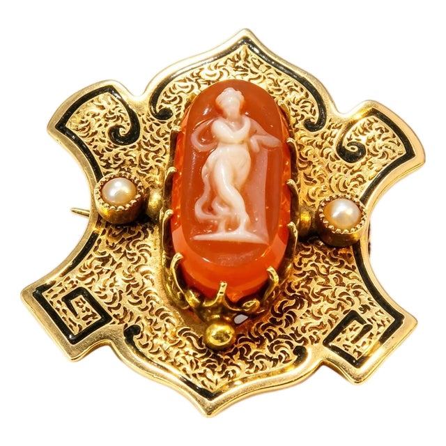 14K Yellow Gold Enamel Seed Pearl Intaglio Victorian Antique Brooch Pin For Sale