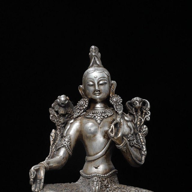 Metal 1910s Gilt Silver Green Tara Statue | 18cm Religious Buddhist Figure for Home Altar For Sale - Image 7 of 9