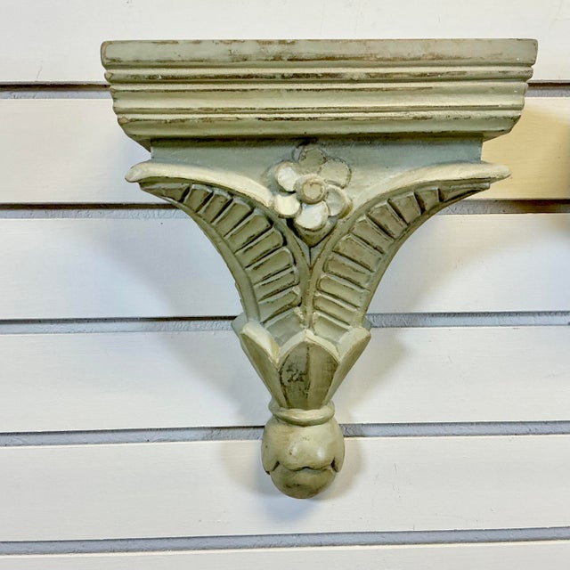Traditional Vintage Coastal Traditional Hand Carved Wooden Painted Wall-Mounted Shelves - A Pair, Palm Fronds Accent For Sale - Image 3 of 17