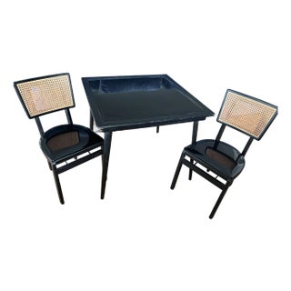 1950s Vintage Stakmore Folding Game Table Set. Cane-Back Seating & Jet-Black Gloss Vinyl - Set of 3 For Sale