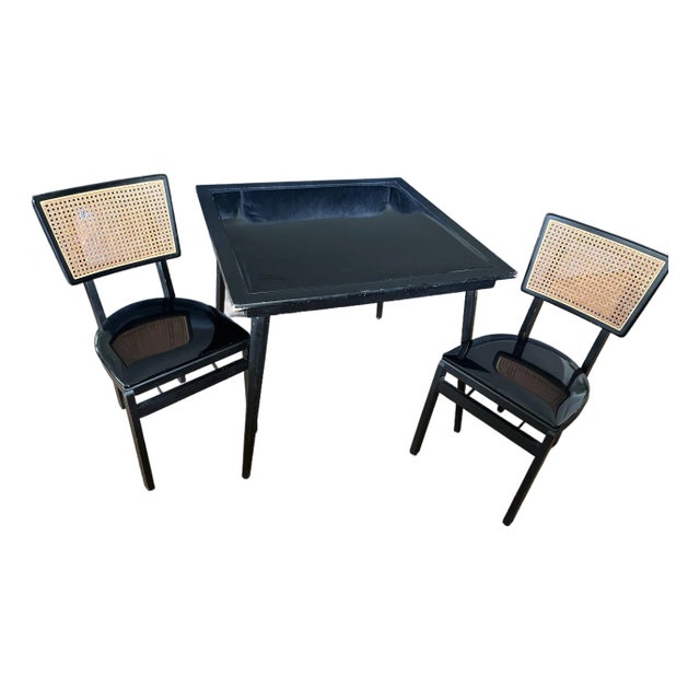 1950s Vintage Stakmore Folding Game Table Set. Cane-Back Seating & Jet-Black Gloss Vinyl - Set of 3 For Sale