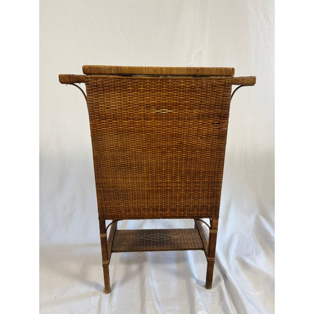 Wood Antique Victorian Wicker Rattan Sewing Stand | Lift-Top Toile Lined, Two Drawers | Edwardian Work Table, 31in For Sale - Image 7 of 18