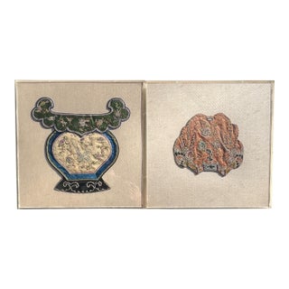 Mid 19th Century Pair Framed Chinese Qing Dynasty Silk Court Embroidery Textile Panels For Sale