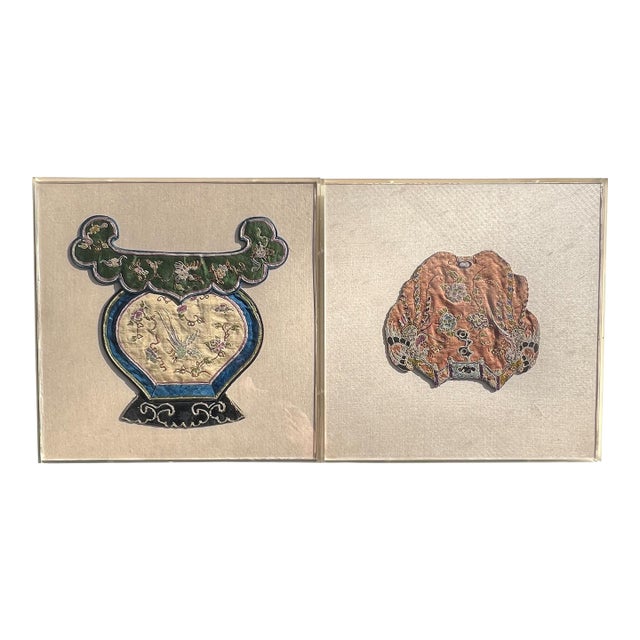 Mid 19th Century Pair Framed Chinese Qing Dynasty Silk Court Embroidery Textile Panels For Sale