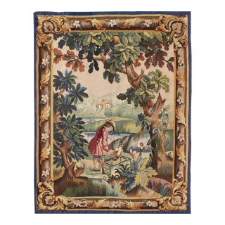 Antique French Aubusson Tapestry With Woodland Scene Surrounded by Floral Border 3'7 X 5'0 For Sale