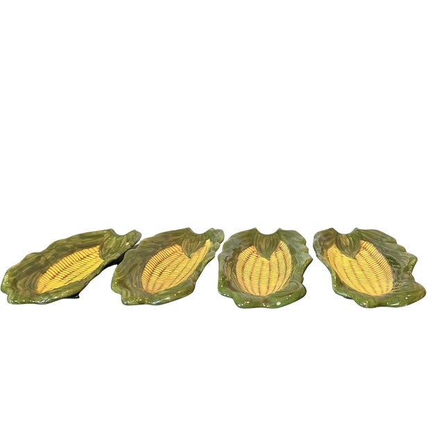 Bordallo Pinheiro Vintage Majolica-Style Corn on the Cob Dishes Hand-Painted Ceramic Serving Plates Trompe L’Oeil - Set of 4 For Sale - Image 4 of 9