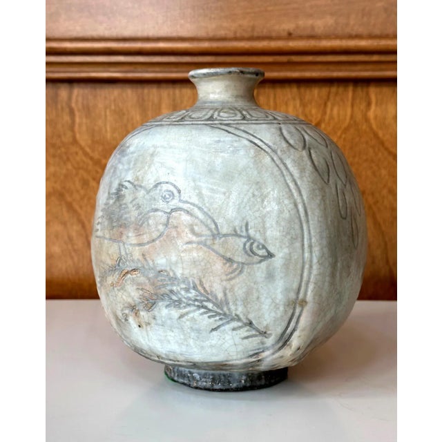 Antique Korean Buncheong Flat Bottle Vase with Incised Designs For Sale - Image 9 of 12