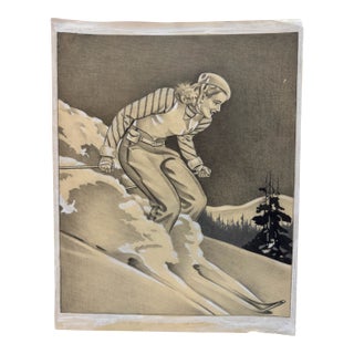 1940s Original Signed Graphite Illustration of Female Skier Descending Slope, 14 X 11 In. For Sale