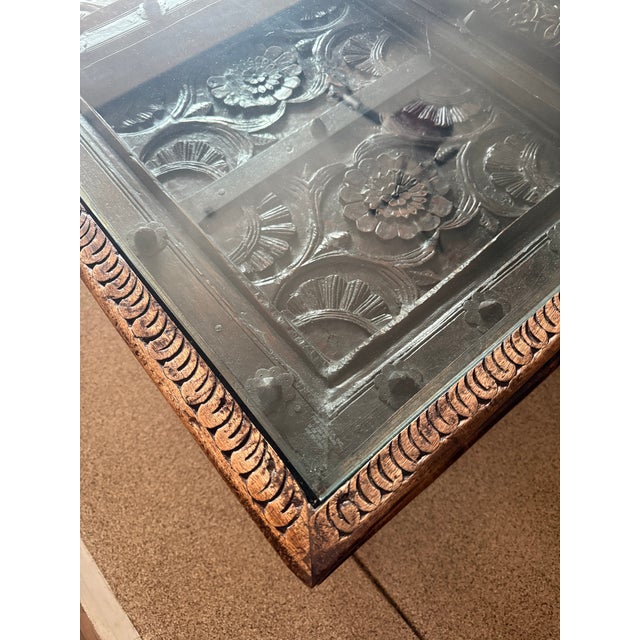 2000 - 2009 Custom Indian Door Coffee Table With Glass Top For Sale - Image 5 of 6