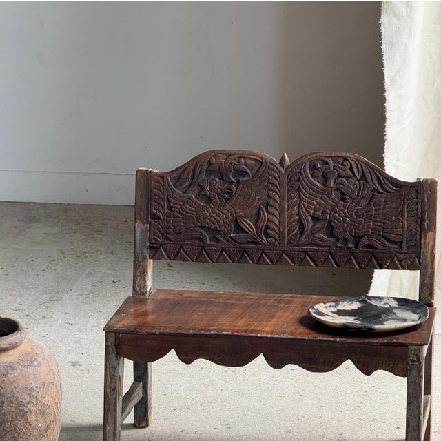 Mini Bench with Carved Backrest, 1980s For Sale - Image 3 of 18