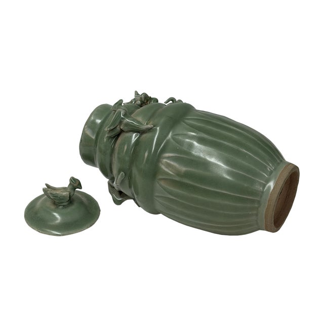 Ceramic Vintage Oriental Dragon Motif Celadon Glaze Ceramic Art Jar For Sale - Image 7 of 10