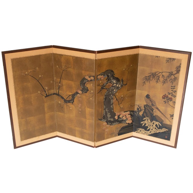 Elegant Japanese 4-panel painted Byobu (folding screen) "Pheasant and Sakura". Signed and sealed by artist. Was brought to...