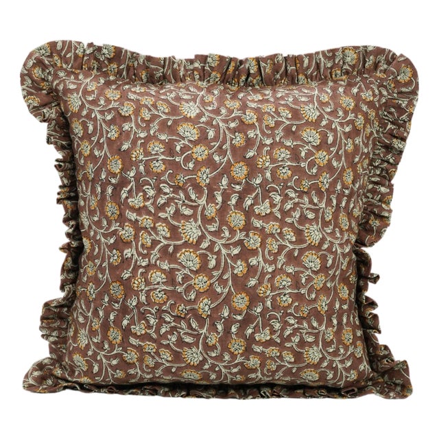 Fabdivine Elegant Block Printed Frill Cushion 24x24 Inch Pure Linen- Himachal For Sale