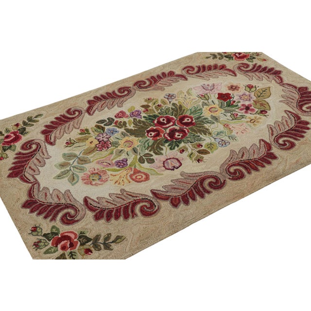 Rug & Kilim Antique Hooked Rug in Beige-Brown With Colorful Floral Patterns From Rug & Kilim For Sale - Image 4 of 8