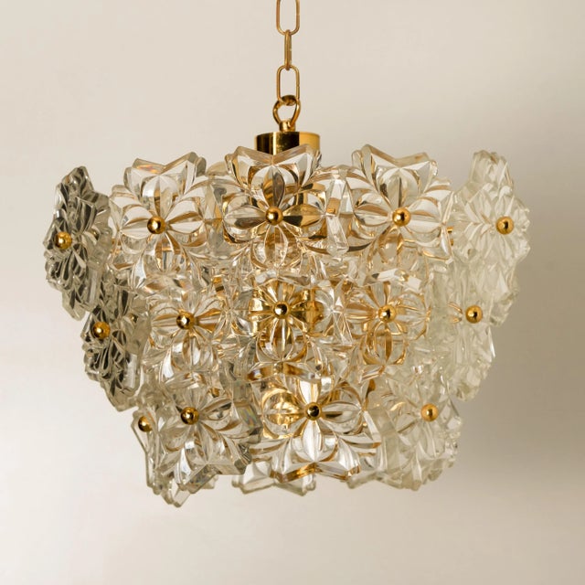 Glass and Brass Floral 3-Tier Light Fixture from Hillebrand, 1970s For Sale - Image 3 of 15