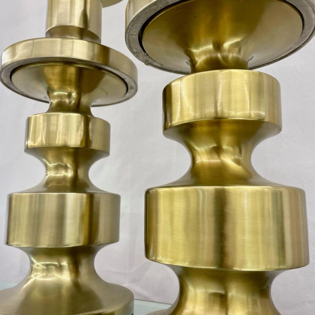 Metal Pair of Hollywood Regency Solid Brass Table / Desk Lamps, Candlestick, Modern For Sale - Image 7 of 9