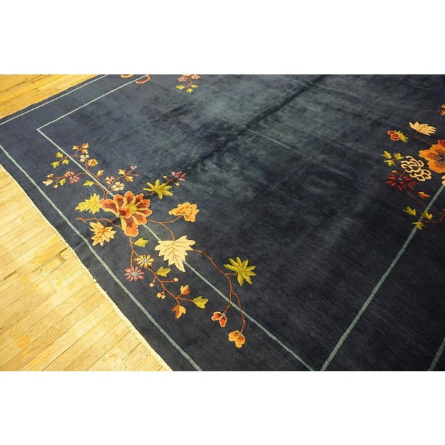 1920s Blue Navy Field Floral Antique Chinese Art Deco Carpet 9' X 11'4" Knotted Wool Rug For Sale - Image 10 of 15