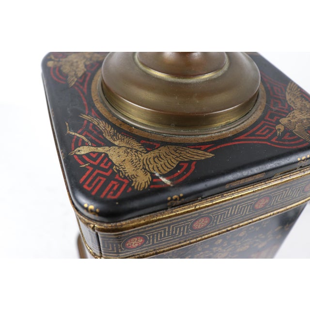 Black Vintage Chinoiserie Tea Canister Lamp, 17” Black Painted Toleware Table Lamp For Sale - Image 8 of 11
