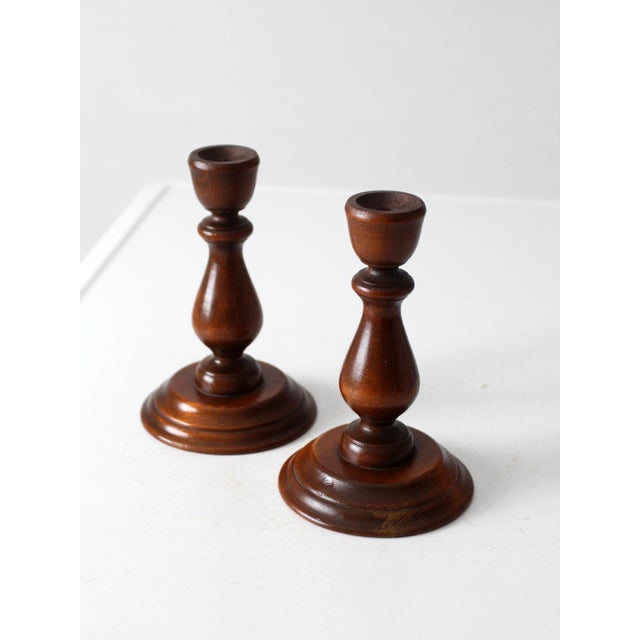 Vintage Turned Wood Candlestick Holders Pair For Sale - Image 9 of 10