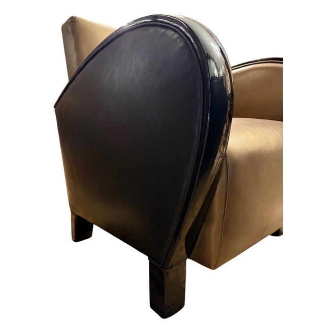 1930s Pair of French Art Deco Gold and Black Leather Club Chairs For Sale - Image 9 of 9