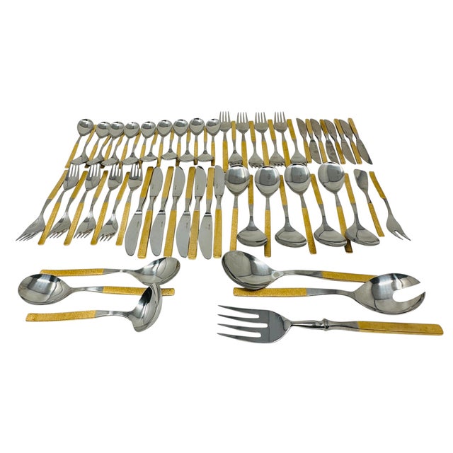 Mid-Century Modern MCM Harvest Gold Flatware, 65pc Solair West Germany Service for 8, Textured Gold Retro Silverware, Forged Stainless Steel, Rare Hosting Set For Sale - Image 3 of 12