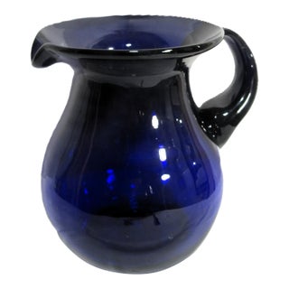 Vintage Cobalt Blue Blown Glass Water Pitcher For Sale