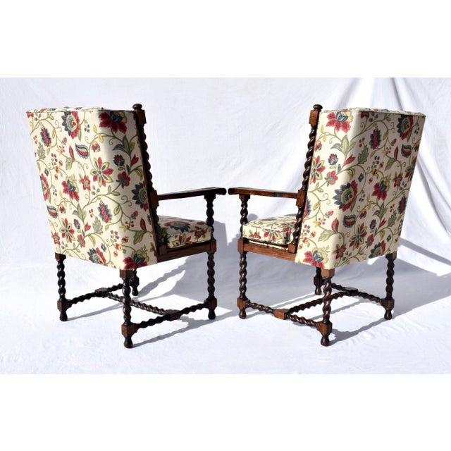 Burnt Umber Upholstered Barley Twist Wing Back Lounge Chairs For Sale - Image 8 of 11