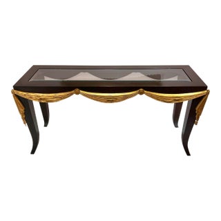 Vintage Dark Wood Console Table With Gold Gilt Draped Valance Detail For Sale
