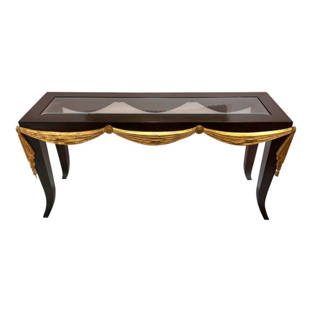 Vintage Dark Wood Console Table With Gold Gilt Draped Valance Detail For Sale
