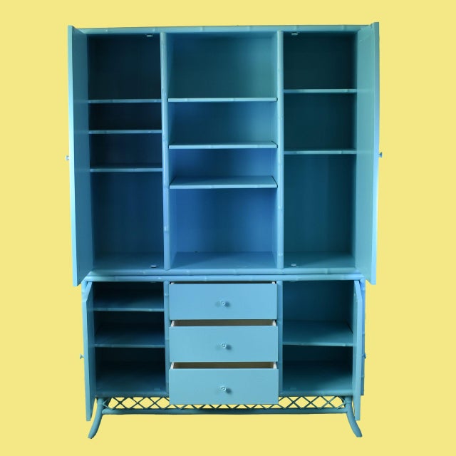 Mid-Century Modern Vintage Ficks Reed Blue Breakfront For Sale - Image 3 of 5