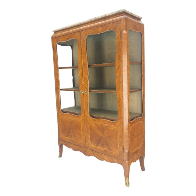 Double Glass Doors French Inlayed Marble Top Curio Cabinet Book Case For Sale