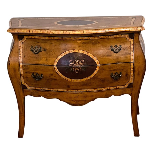 Hekman Bombay Commode. Hand Painted Floral Bombe Two-Drawer Commode For Sale