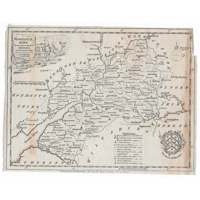 18th century map of Glocester or Gloucester shire by Thomas Kitchin (or Kitchin, 1718-1784). Depicting: Gloucester, Bath,...