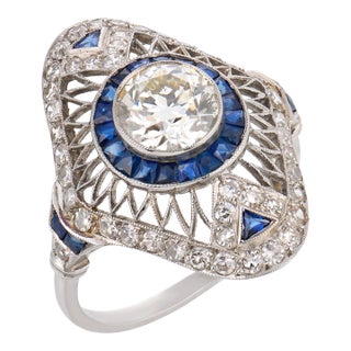 1920s Art Deco Style 1.35 Carat Old European Cut Diamond Sapphire Platinum Ring, Size 7.75 For Sale