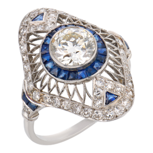 1920s Art Deco Style 1.35 Carat Old European Cut Diamond Sapphire Platinum Ring, Size 7.75