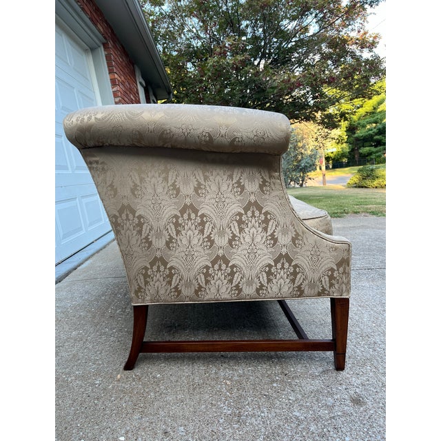 Scroll Arm Down Filled Camelback Sofa- Reupholstered in Golden Cream Damask Silk For Sale - Image 9 of 12