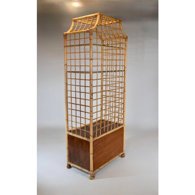 1970's Vintage Coastal Pagoda Bamboo Etagere Bookcase With Glass Shelves and Drawers For Sale - Image 12 of 15